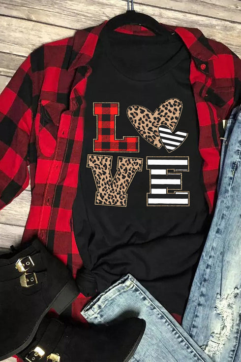 Black Love Heart Plaid Striped Leopard Print Graphic T Shirt